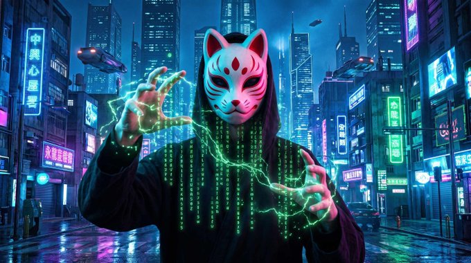 A cyberpunk digital artwork of a figure wearing a fox mask and black hoodie, channeling green 'Matrix'-style code and electricity between their hands against a neon city backdrop.