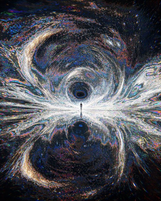 An abstract, swirling space-like visual features a small silhouetted figure standing between dark vortexes in a mirrored, cosmic environment.