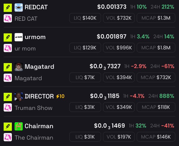 A cryptocurrency tracking dashboard displays five meme tokens—REDCAT ($0.001373, +212% 24H), urmom ($0.001897, +14% 24H), Magatard ($0.007327, -61% 24H), DIRECTOR ($0.001185, +888% 24H), and Chairman ($0.01469, -41% 24H)—with mixed performance metrics that suggest the user's enthusiasm for "very good coins" likely refers to the standout gainers like DIRECTOR's massive 888% surge and REDCAT's 212% jump, despite some tokens in the list showing significant losses.