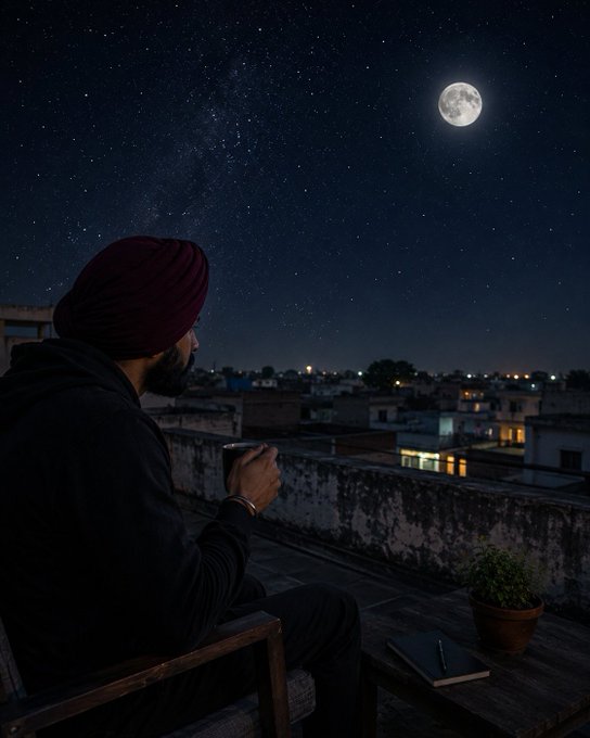 A man wearing a maroon turban and black jacket sits on a rooftop at night, holding a mug while gazing at a bright full moon and starry sky over a cityscape.