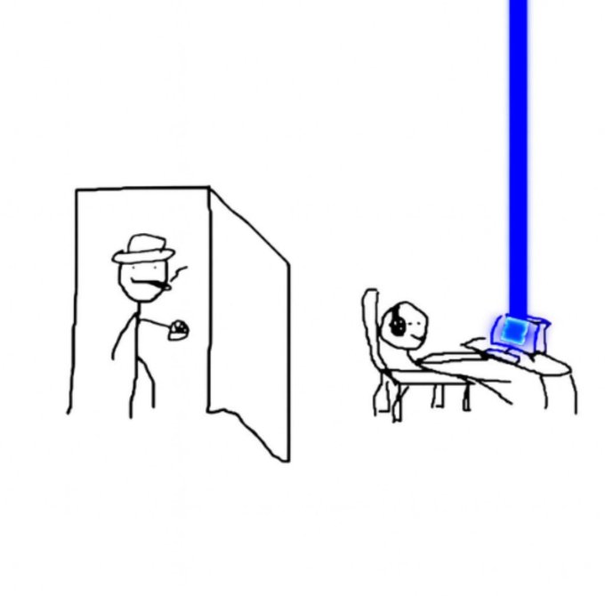 The image features two cartoon characters, one standing next to a door with a hat on his head and another sitting at a desk using a computer monitor. The scene appears to depict a humorous situation where the character standing outside the door is trying to enter while the other character inside the room is playing video games. To add humor to the image, there's a blue neon light in the background that says "If base drops sooner rather than later all bets are off for the Base ecosystem It'll be a yes daddy for all of us".