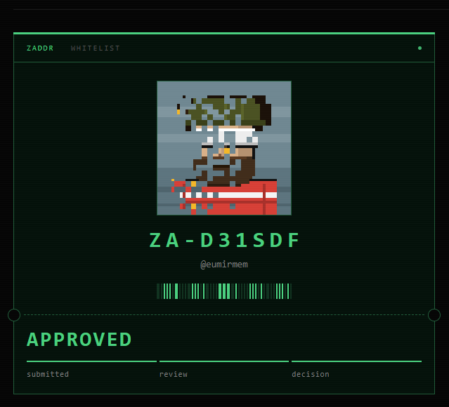 A digital 'ZADDR WHITELIST APPROVED' certificate for 'ZA-D31SDF' by @eumirmm featuring a pixel art pirate character and a barcode.