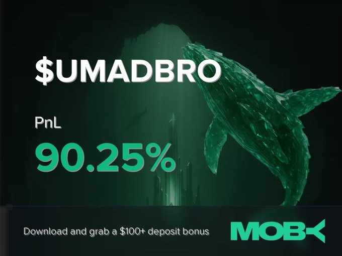 A Moby promotional image featuring a large green whale graphic in a dark underwater setting, advertising the $UMADBRO trader's +90.25% PnL win alert alongside text offering a "$100+ deposit bonus" and the Moby logo.