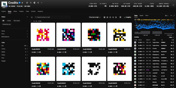 A dark-themed NFT marketplace interface showing a grid of pixel art collectibles with credits displayed in ETH and WETH, alongside an activity feed listing transactions for items like 'TopHatMo...' and 'BitcoinShi...'.