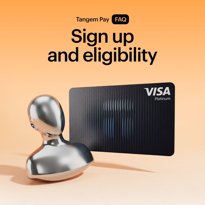 The image features a silver metal bust placed on a table next to a black Visa credit card. The text "Sign up and be eligible" is displayed above the bust, while the text "Tangem Pay FAQ" is below it. This suggests that the image might be related to an FAQ section or a tutorial about signing up for Tangem Pay, which could provide information on how to sign up for the service, what documents are required, and other relevant details.