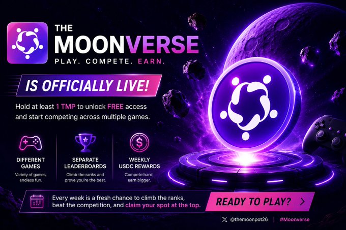 A promotional graphic for 'THE MOONVERSE' announces 'IS OFFICIALLY LIVE!' featuring purple and pink space-themed visuals, with sections highlighting different games, separate leaderboards, and weekly USDC rewards, along with the handle '@themonopot26' and hashtag '#Moonverse'.