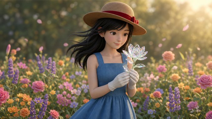 A 3D animated-style illustration of a young girl with long dark hair, wearing a straw hat with a red ribbon, a blue dress, and white gloves, holding a transparent crystal flower in a colorful garden.
