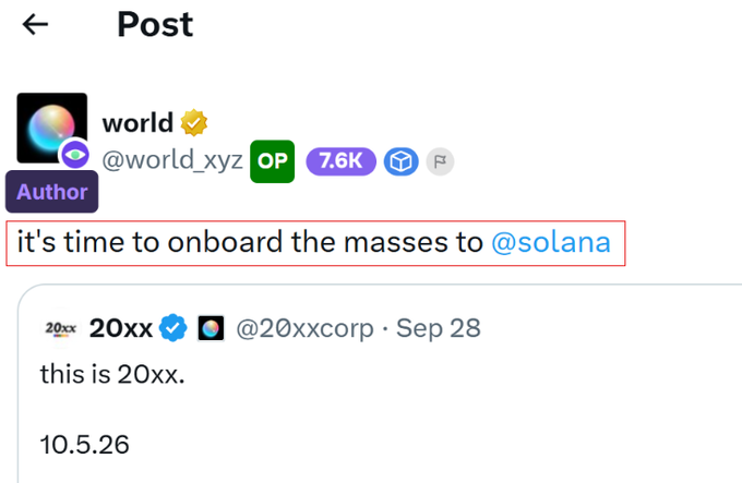 A social media post by user "world" (@world_xyz), marked as Author, reads "it's time to onboard the masses to @solana," quoting a post from "20xx" (@20xxcorp) dated Sep 28 stating "this is 20xx. 10.5.26".