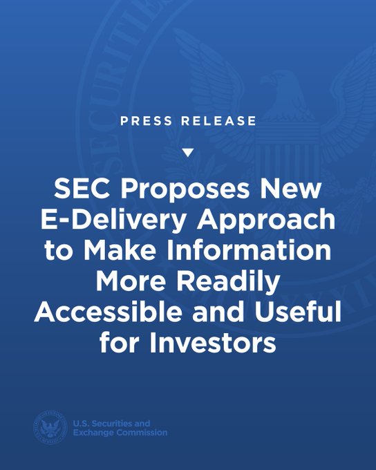 The image is a press release header from the U.S. Securities and Exchange Commission (SEC) featuring the SEC seal and eagle emblem on a blue background, with the headline "SEC Proposes New E-Delivery Approach to Make Information More Readily Accessible and Useful for Investors." This visual supports the accompanying statement about modernizing regulatory frameworks by replacing paper delivery defaults with electronic delivery options suited to today's digital, AI-driven era.