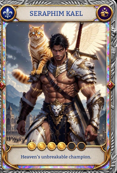 A fantasy trading card depicts a muscular warrior named "SERAPHIM KAEL" with white wings and an orange cat on his shoulder, labeled "Heaven's unbreakable champion."