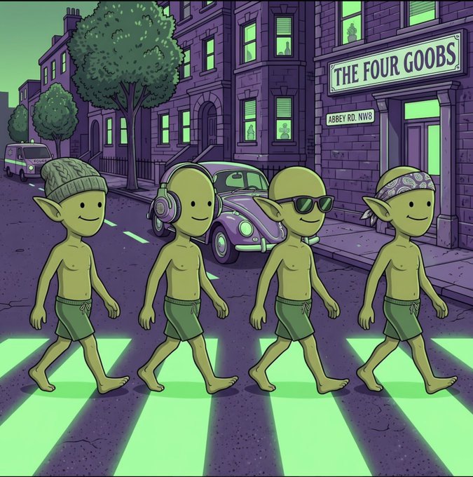 Four green-skinned goblin-like characters walk across a zebra crossing in a purple-hued urban scene, with a sign reading "THE FOUR GOOBS" and "ABBEY RD. NW8" referencing the iconic Abbey Road crossing to represent the "Four Goobs" NFT collection giveaway.