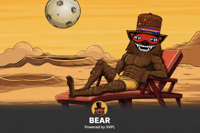 A cartoon illustration of a muscular bear character wearing a red top hat with sunglasses lounging on a beach chair on a cratered planet, labeled 'BEAR Powered by XRPL'.