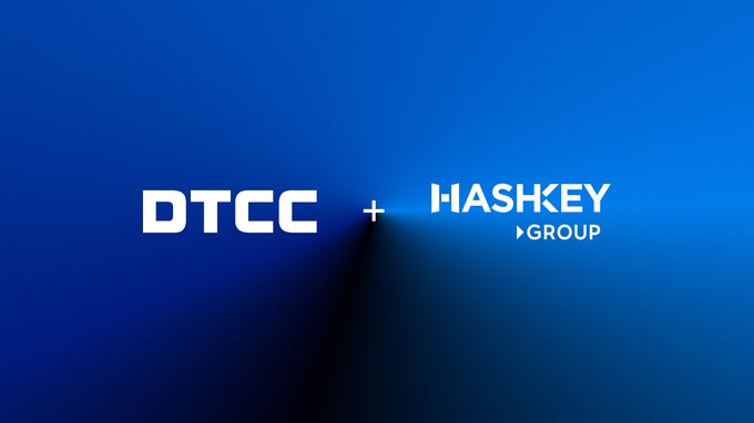 The image displays a partnership announcement graphic on a blue gradient background, featuring the white logos of "DTCC" on the left and "HASHKEY GROUP" on the right, connected by a plus sign. This visual represents HashKey Group's collaboration with the Depository Trust & Clearing Corporation as the first Asian digital asset service provider to join DTCC's Digital Assets Advisory Services Industry Working Group.
