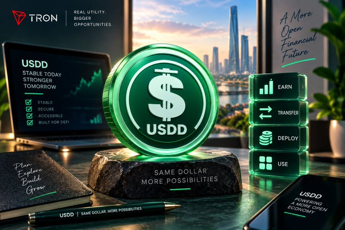 A promotional graphic for 'TRON' and its 'USDD' stablecoin, featuring a large green USDD coin and icons for 'EARN', 'TRANSFER', 'DEPLOY', and 'USE'.
