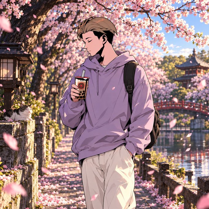 An anime-style illustration of a young man in a purple hoodie drinking bubble tea while walking under cherry blossom trees near a bridge and traditional Japanese architecture.