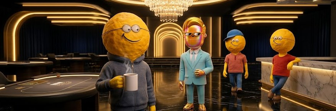 A 3D-rendered scene depicting anthropomorphic lemons with cartoon faces standing in a luxurious casino or lounge setting, including one holding a white mug.
