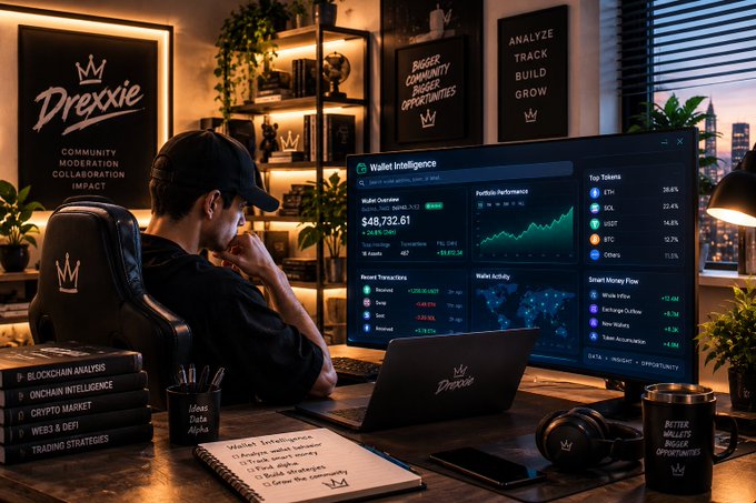 AI-generated image of a person sitting at a desk with dual monitors displaying a 'Wallet Intelligence' dashboard, surrounded by 'Drexxie' branding and crypto-themed books.