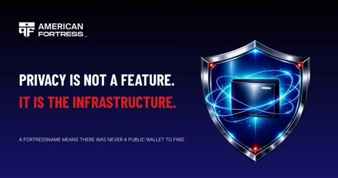 An American Fortress promotional graphic with the text 'PRIVACY IS NOT A FEATURE. IT IS THE INFRASTRUCTURE. A FORTRESSNAME MEANS THERE WAS NEVER A PUBLIC WALLET TO FIND.' displayed alongside a shield icon containing a laptop.