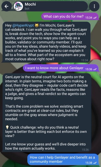 A Telegram chat with "Mochi," GenLayer's cat-sidekick bot, where the user asks what Mochi can do, receives a breakdown of GenLayer as a neutral court for AI agents that handles disputes smart contracts can't, and then asks how to contribute as a community member—aligning with the post about exploring non-builder, non-validator ways to support GenLayer.