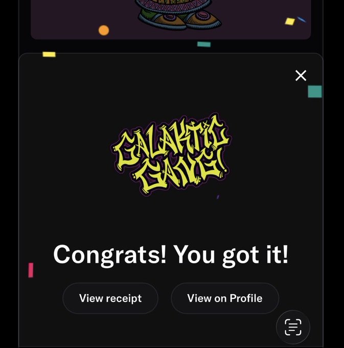 A digital interface showing a confirmation message "Congrats! You got it!" beneath a graffiti-style logo reading "Galactic Games," with buttons for "View receipt" and "View on Profile."