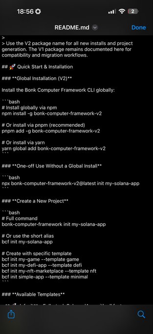 A screenshot of a README.md file showing installation and usage instructions for the 'bonk-computer-framework-v2' CLI, including global install via npm/pnpm/yarn and commands like 'bcf init my-solana-app'.