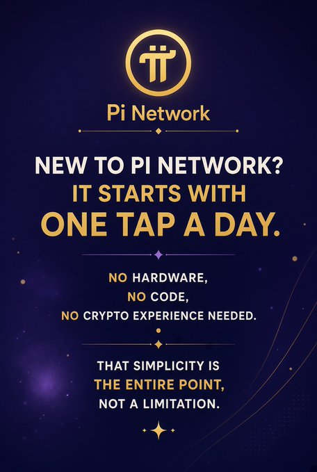 Promotional graphic for Pi Network on a purple starry background with the Pi logo and text reading 'NEW TO PI NETWORK? IT STARTS WITH ONE TAP A DAY. NO HARDWARE, NO CODE, NO CRYPTO EXPERIENCE NEEDED. THAT SIMPLICITY IS THE ENTIRE POINT, NOT A LIMITATION.'