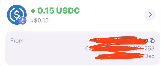 The image shows an electronic signature with red text, which reads "0.15 USDC", indicating that someone has sent money through the FOMO app. The text also mentions a "from" field where the user can enter their name or email address for payment information.