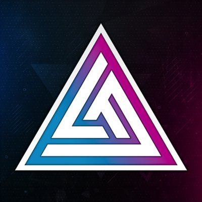 A stylized geometric logo featuring a triangular shape with nested arrow-like designs in pink, purple, and blue gradients against a dark background.
