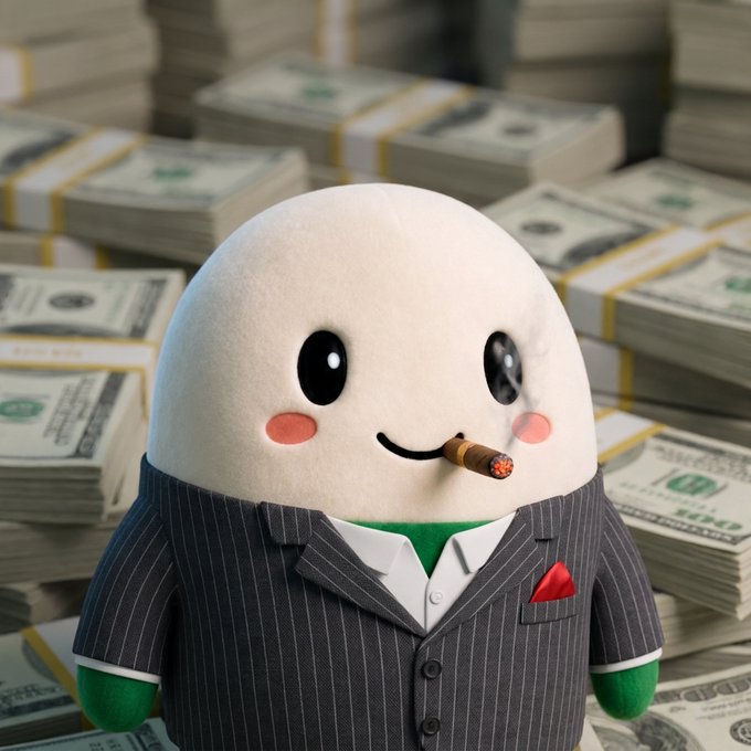 A cartoonish white mascot character wearing a pinstripe suit with a red pocket square, smoking a cigar, surrounded by stacks of US dollar bills.