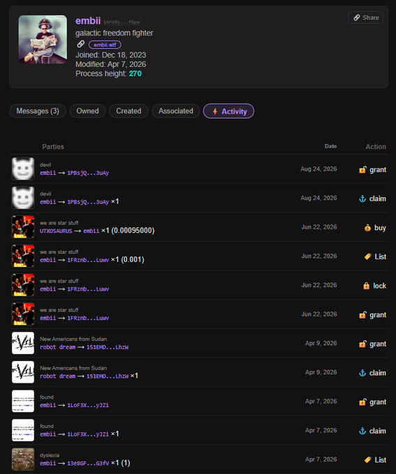 A blockchain explorer page showing token details for 'embii' (galactic freedom fighter), including activity log entries with dates ranging from April to August 2026, showing grants, claims, listings, and transactions.