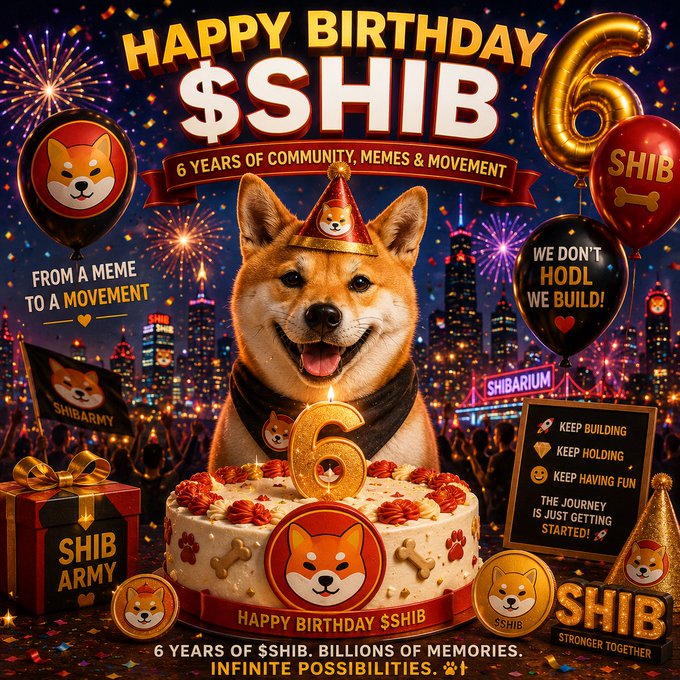 A birthday celebration graphic featuring a Shiba Inu dog wearing a party hat, with text reading "HAPPY BIRTHDAY $SHIB", "6 YEARS OF COMMUNITY, MEMES & MOVEMENT", and "6 YEARS OF $SHIB. BILLIONS OF MEMORIES. INFINITE POSSIBILITIES."
