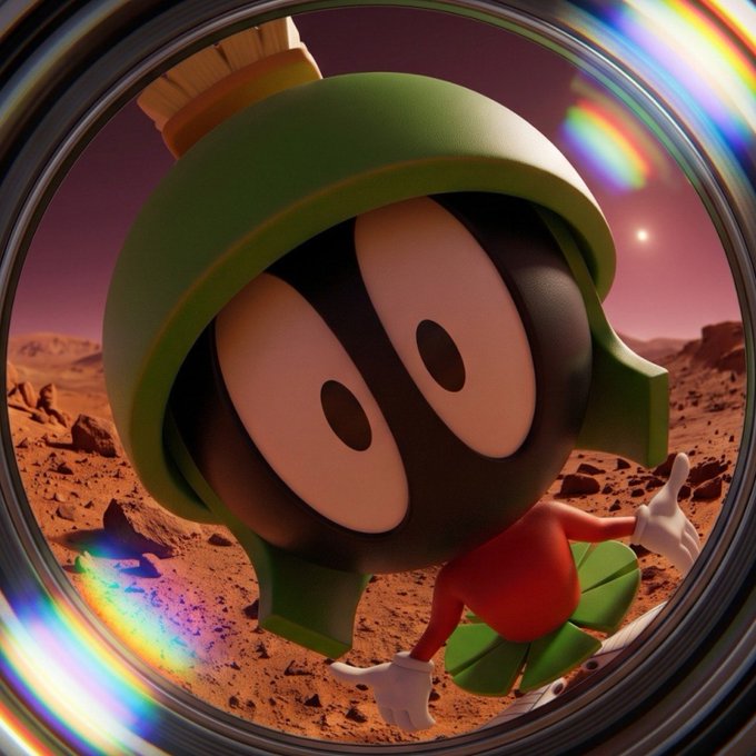 A cartoon character wearing a green helmet gives a thumbs-up while floating in a Martian landscape, framed by a prismatic rainbow ring. The whimsical, ambitious sci-fi scene pairs with the post's hype about $MARVIN being sent "to top accounts," evoking the meme's playful, out-of-this-world energy and confident "to the moon" attitude.