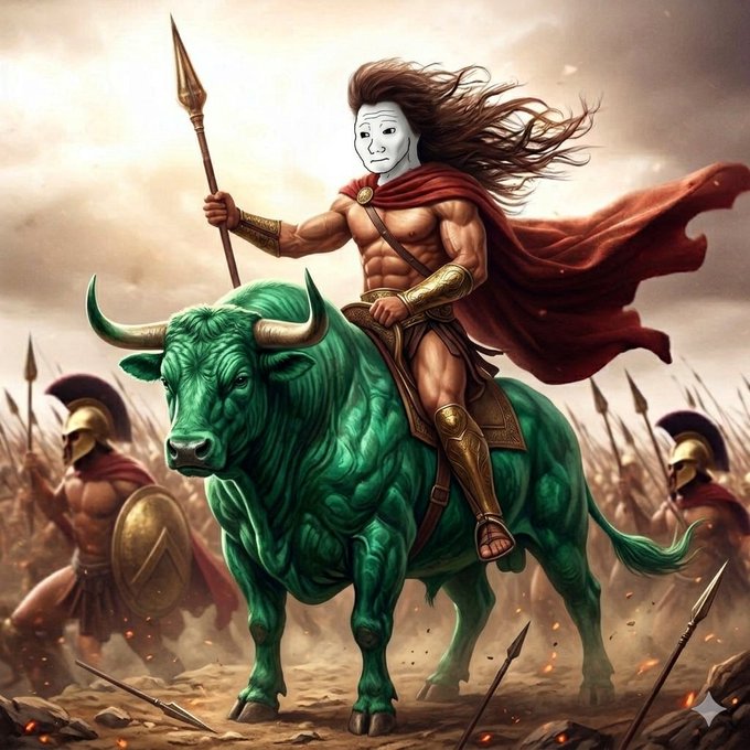 A masked warrior in a red cape rides a teal bull while wielding a spear through a battlefield with armored soldiers. The image parodies "$wojak on eth" as a defiant Spartan charging toward the promised 100 million target, with the green bull symbolizing bullish momentum powering the meme coin rally.