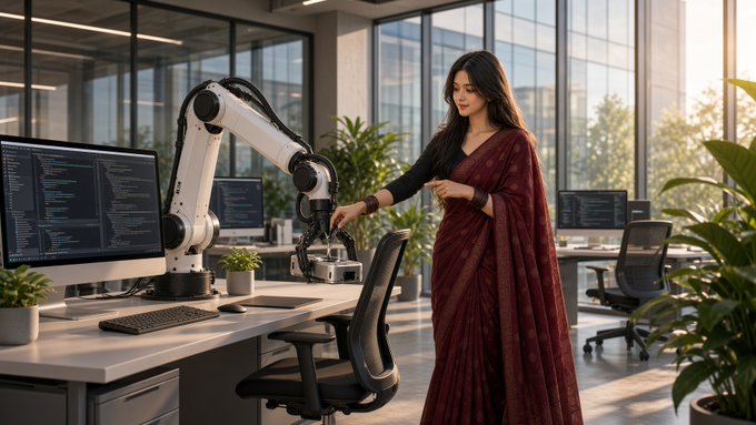 A woman in a maroon sari-like dress stands in a modern office next to a white robotic arm workstation with computer monitors visible.