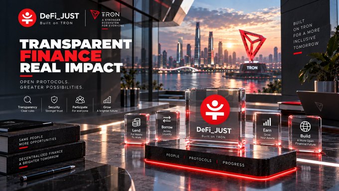 A promotional graphic for 'DeFi_JUST Built on TRON' featuring the tagline 'TRANSPARENT FINANCE REAL IMPACT' alongside a futuristic cityscape and a display of glass blocks representing Lend, Borrow, Earn, and Build features.