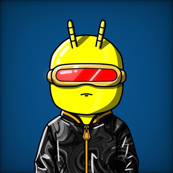 The image features a cartoon character wearing a black jacket with yellow accents, standing against a blue background. The character has red goggles and a yellow helmet that appears to have a futuristic design. There are also some text elements present in the image, including "20x GTD Spots Giveaway" and "MP: TBA", which could be related to an upcoming event or competition involving the character's artwork.