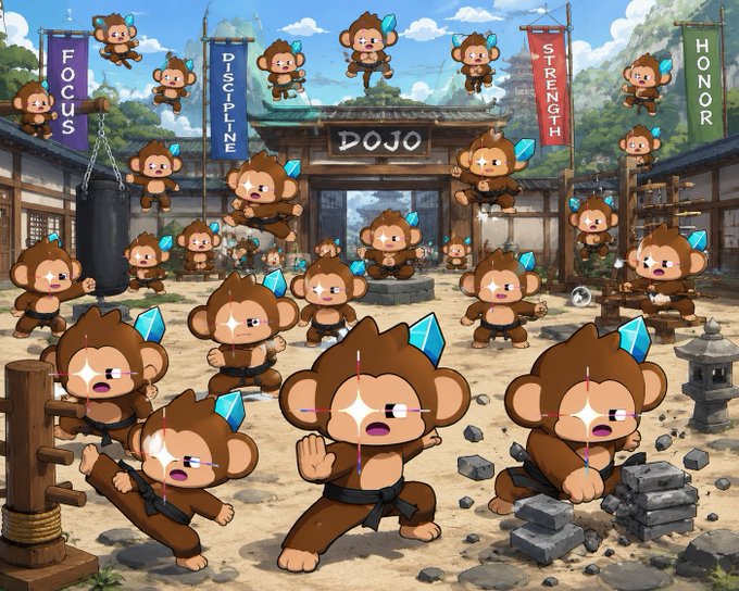 The image features a cartoon illustration of many monkeys engaged in various activities, such as fighting each other or playing sports like boxing. There are at least 14 different monkey characters depicted within the scene. The post about owning a Chimper was written by someone named @ChimpersHQ and is related to this image because it highlights how the Dojo has grown beyond its original purpose of simply being a place for monkeys to flex their muscles. Instead, it now serves as an active community where people can engage in sports like boxing or other physical activities with the Chimper characters depicted within the image.