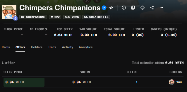 OpenSea NFT marketplace page for 'Chimpers Chimpanions' collection by CHIMPANIONS, showing a top offer of 0.04 WETH and 3 unique owners.