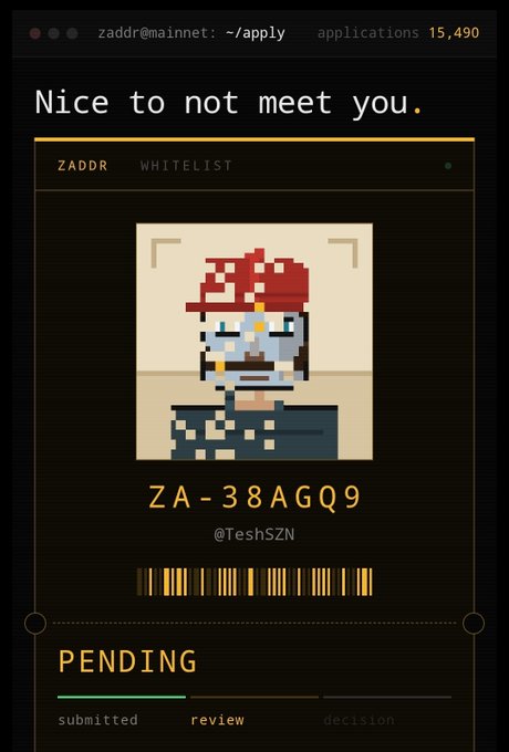 A Zaddr application screenshot showing a pixelated avatar under the handle @TeshSZN with a ZA-38AGQ9 code and pending review status.