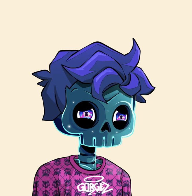 A cartoon illustration of a glowing teal skull character with purple hair wearing a pink patterned sweater with a halo and the word 'GURGEZ' on it, set against a beige background.