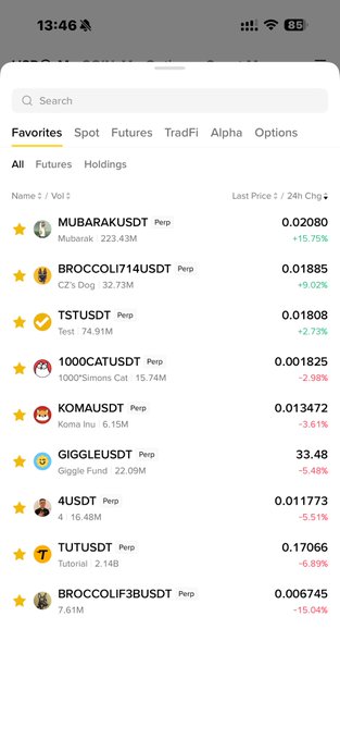 A crypto trading app screenshot showing a "Favorites" list with perpetual futures pairs including MUBARAKUSDT (+15.75%), BROCCOLI714USDT (+9.02%), TSTUSDT (+2.77%), 1000CATUSDT (-2.98%), KOMAUSDT (-3.61%), GIGGLEUSDT (-5.48%), 4USDT, TUTUSDT (-6.89%), and BROCCOLIF3BUSDT (-15.04%), with most meme tokens in red. The list aligns with the post's claim about BNB meme coins correcting, as several CZ-associated meme tokens (MUBARAK, BROCCOLI, TUT, KOMA) show significant declines supporting the "rotation" thesis.