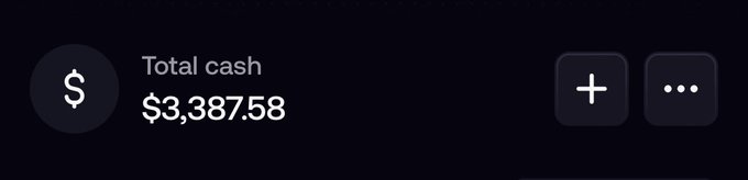 A dark-themed interface displays a "Total cash" balance of $3,387.58 alongside plus and menu icons. The post references waiting for a $STONK dip, suggesting the user is prepared to buy with their available cash funds shown in the image.