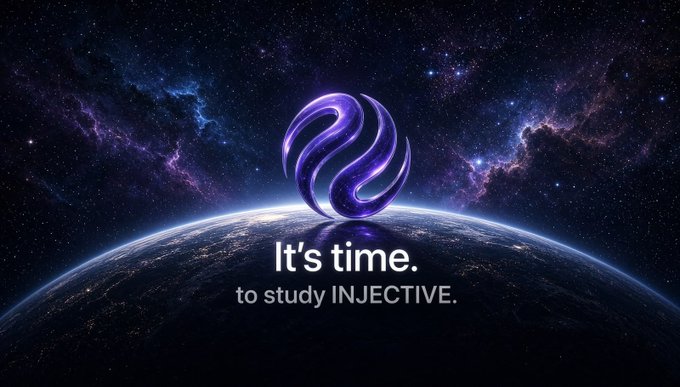 A digital graphic with a space background shows a purple sphere-like logo above the text "It's time. to study INJECTIVE."