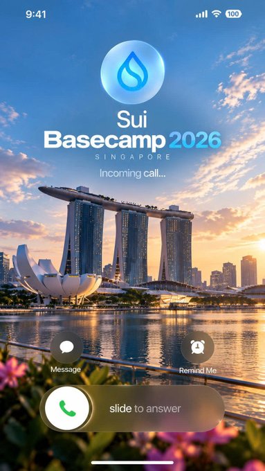 An incoming iPhone call screen displaying 'Sui Basecamp 2026 SINGAPORE' over a wallpaper of the Marina Bay Sands at sunset.