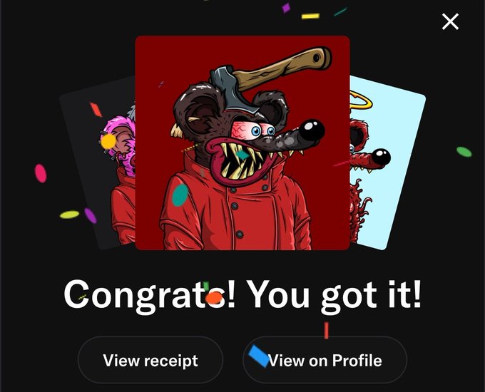 A celebratory screen displays "Congrats! You got it!" with the central card featuring a menacing rat character with an axe embedded in its head, wearing a red jacket. The interface includes buttons for "View receipt" and "View on Profile," confirming the successful acquisition of the NFT from @Monstersnft_.
