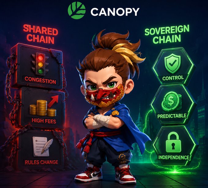 A promotional graphic for "CANOPY" comparing "SHARED CHAIN" (congestion, high fees, rules change) versus "SOVEREIGN CHAIN" (control, predictable, independence).