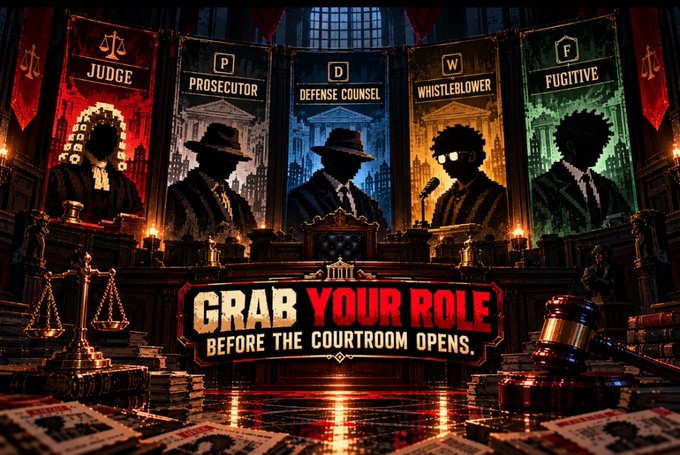 A dramatic courtroom-themed graphic displays banners for roles like Judge, Prosecutor, Defense Counsel, Whistleblower, and Fugitive, with text reading 'GRAB YOUR ROLE BEFORE THE COURTROOM OPENS.'