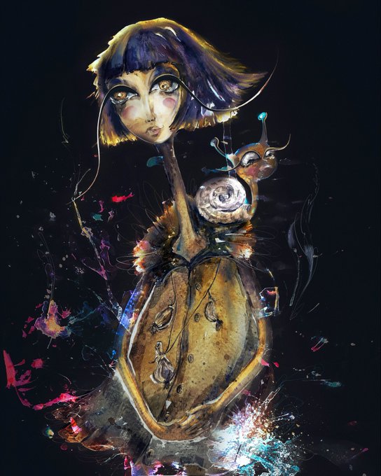 A surreal digital painting featuring a stylized female figure with a bob haircut alongside an ornate clock-like object, set against a dark background with colorful splashes.
