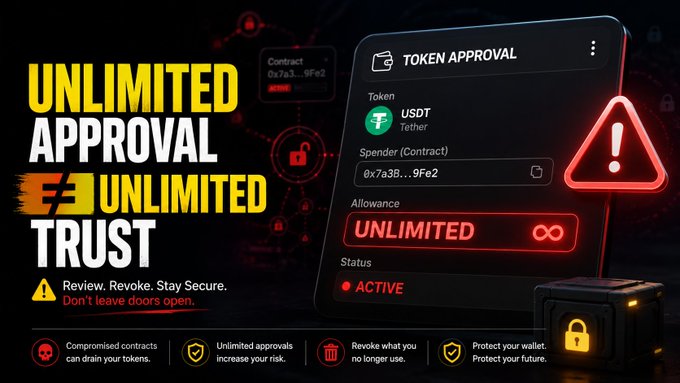 A graphic titled "UNLIMITED APPROVAL = UNLIMITED TRUST" warns about token approvals, showing a smartphone displaying an active USDT (Tether) unlimited approval for a contract, with warnings about compromised contracts and the need to revoke approvals.