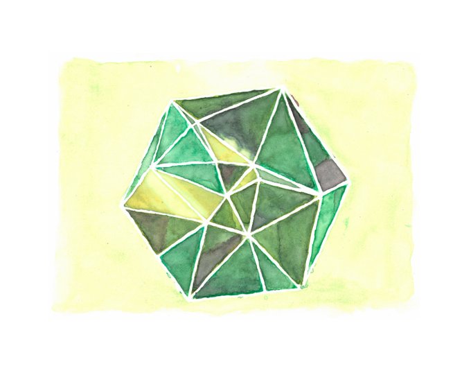 A watercolor painting of a faceted green and yellow gemstone or polyhedron against a light yellow background.